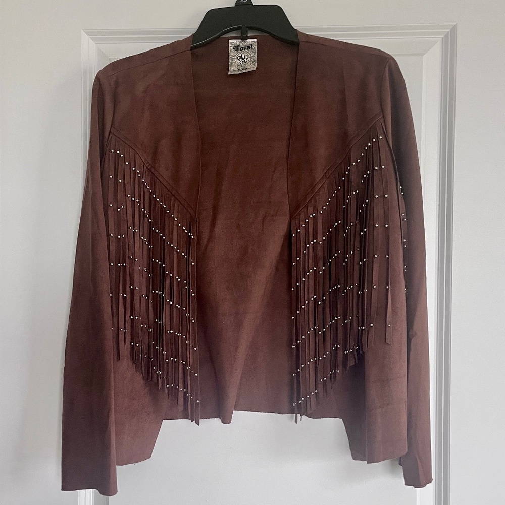 Vocal Apparel Brown Women's Front Studded Fringe Faux Suede Jacket Small
